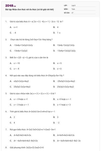 Bài tập Nhân đơn thức với đa thức (có lời giải chi tiết)