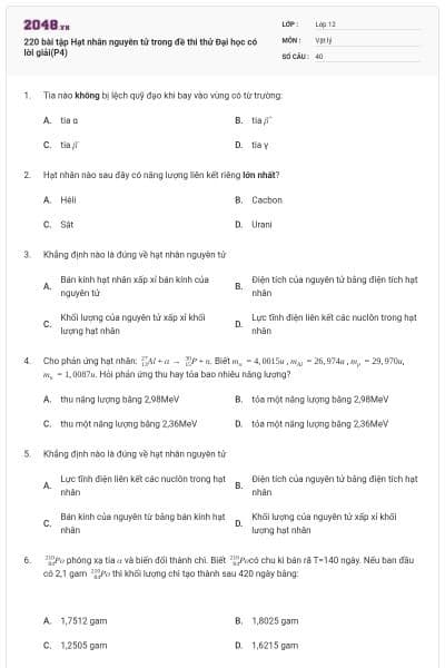 220 bài tập Hạt nhân nguyên tử trong đề thi thử Đại học có lời giải(P4)