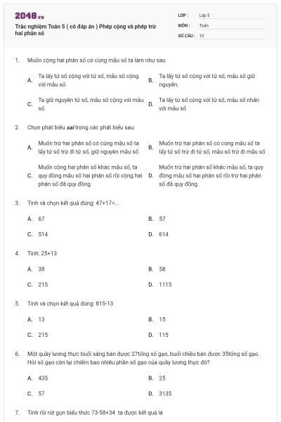 Trắc nghiệm Toán 5 ( có đáp án ) Phép cộng và phép trừ hai phân số