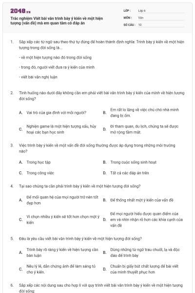 Trắc nghiệm Viết bài văn trình bày ý kiến về một hiện tượng (vấn đề) mà em quan tâm có đáp án