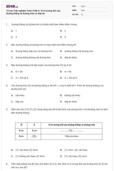 10 câu Trắc nghiệm Toán 9 Bài 4: Vị trí tương đối của đường thẳng và đường tròn có đáp án