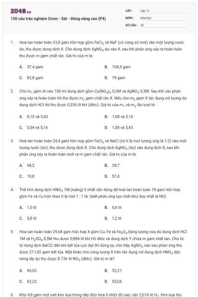 150 câu trắc nghiệm Crom - Sắt - Đồng nâng cao (P4)