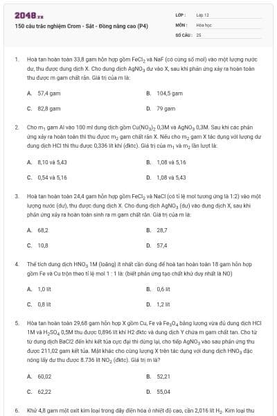 150 câu trắc nghiệm Crom - Sắt - Đồng nâng cao (P4)