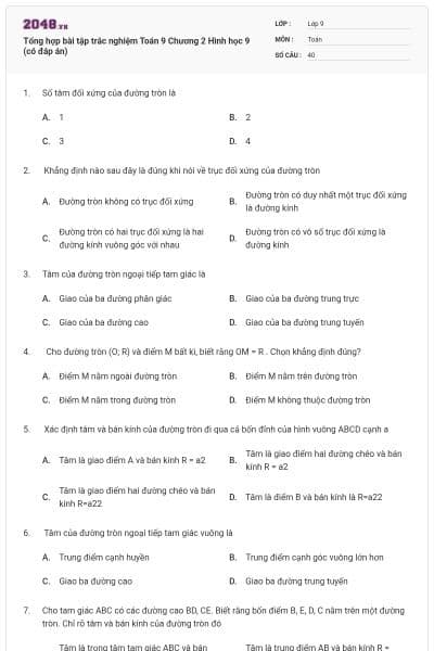 Tổng hợp bài tập trắc nghiệm Toán 9 Chương 2 Hình học 9 (có đáp án)
