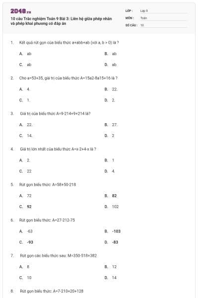 10 câu Trắc nghiệm Toán 9 Bài 3: Liên hệ giữa phép nhân và phép khai phương có đáp án