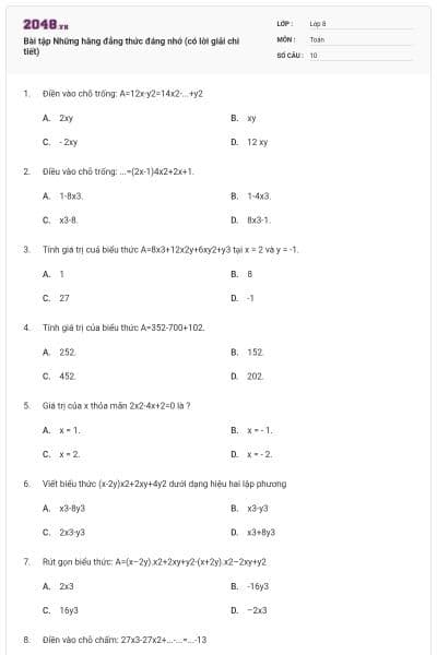 Bài tập Những hằng đẳng thức đáng nhớ (có lời giải chi tiết)