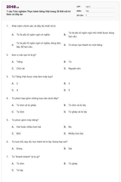 7 câu Trắc nghiệm Thực hành tiếng Việt trang 20 Kết nối tri thức có đáp án
