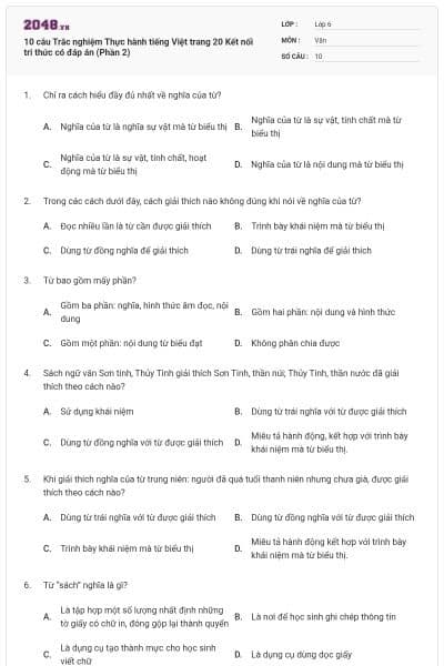 10 câu Trắc nghiệm Thực hành tiếng Việt trang 20 Kết nối tri thức có đáp án (Phần 2)