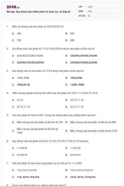 Bài tập: Quy đồng mẫu nhiều phân số chọn lọc, có đáp án