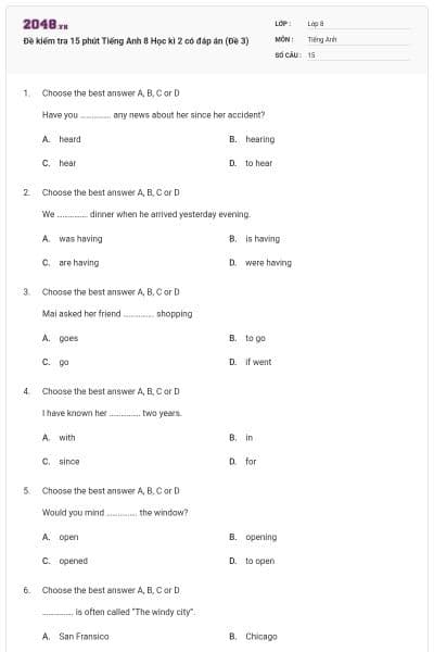 Đề kiểm tra 15 phút Tiếng Anh 8 Học kì 2 có đáp án (Đề 3)