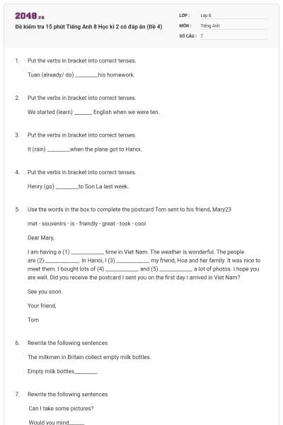 Đề kiểm tra 15 phút Tiếng Anh 8 Học kì 2 có đáp án (Đề 4)