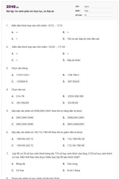 Bài tập: So sánh phân số chọn lọc, có đáp án