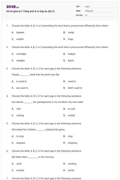 Đề thi giữa kì 2 Tiếng Anh 8 có đáp án (Đề 2)