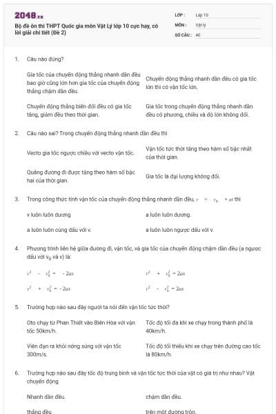 Bộ đề ôn thi THPT Quốc gia môn Vật Lý lớp 10 cực hay, có lời giải chi tiết (Đề 2)