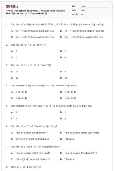 19 câu Trắc nghiệm Toán 9 Bài 1: Nhắc lại và bổ sung các khái niệm về hàm số có đáp án (Phần 2)
