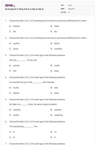Đề thi giữa kì 2 Tiếng Anh 8 có đáp án (Đề 3)