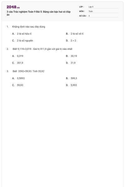 3 câu Trắc nghiệm Toán 9 Bài 5: Bảng căn bậc hai có đáp án