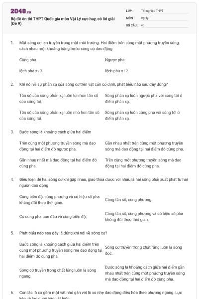 Bộ đề ôn thi THPT Quốc gia môn Vật Lý cực hay, có lời giải (Đề 9)