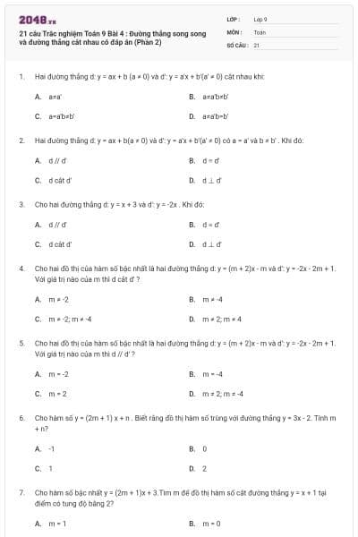 21 câu Trắc nghiệm Toán 9 Bài 4 : Đường thẳng song song và đường thẳng cắt nhau có đáp án (Phần 2)