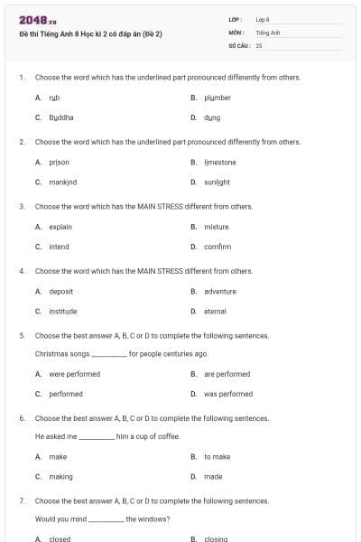 Đề thi Tiếng Anh 8 Học kì 2 có đáp án (Đề 2)