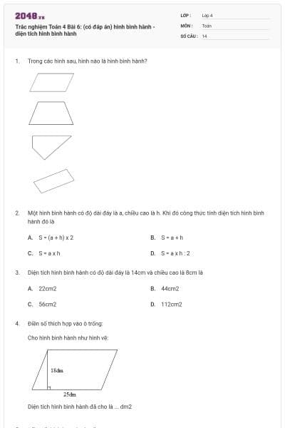 Trắc nghiệm Toán 4 Bài 6: (có đáp án) hình bình hành - diện tích hình bình hành