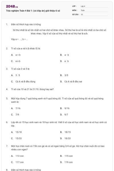 Trắc nghiệm Toán 4 Bài 1: (có đáp án) giới thiệu tỉ số
