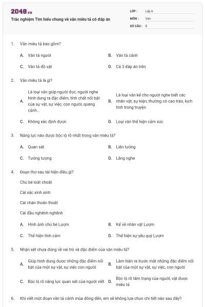 Trắc nghiệm Tìm hiểu chung về văn miêu tả có đáp án