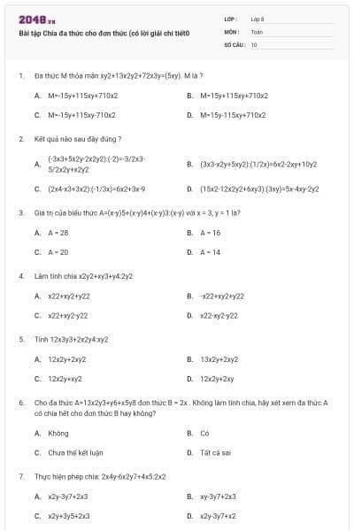 Bài tập Chia đa thức cho đơn thức (có lời giải chi tiết0