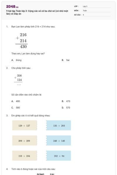 9 bài tập Toán lớp 3: Cộng các số có ba chữ số (có nhớ một lần) có đáp án