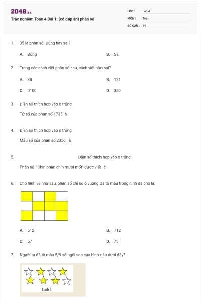 Trắc nghiệm Toán 4 Bài 1: (có đáp án) phân số