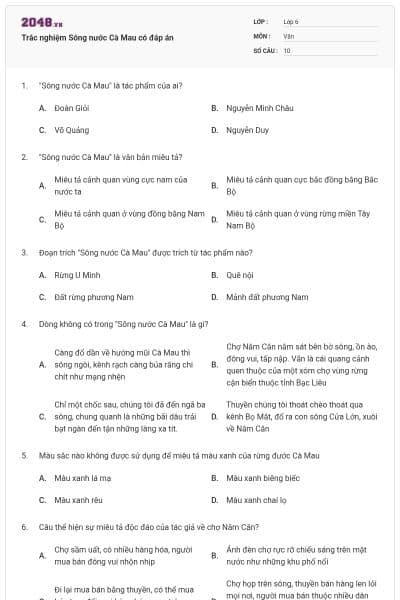 Trắc nghiệm Sông nước Cà Mau có đáp án