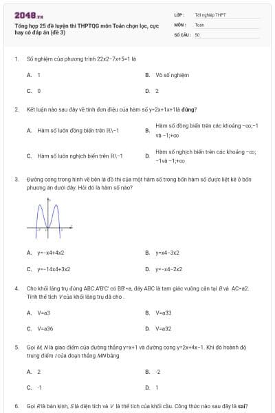 Tổng hợp 25 đề luyện thi THPTQG môn Toán chọn lọc, cực hay có đáp án (đề 3)