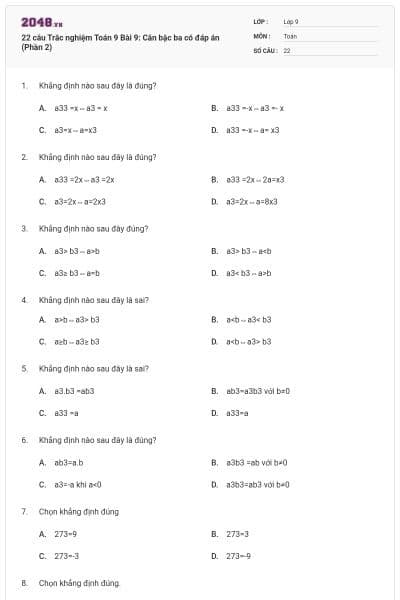 22 câu Trắc nghiệm Toán 9 Bài 9: Căn bậc ba có đáp án (Phần 2)