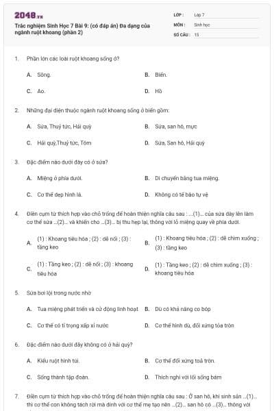 Trắc nghiệm Sinh Học 7 Bài 9: (có đáp án) Đa dạng của ngành ruột khoang (phần 2)