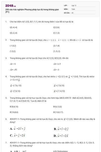 200 câu trắc nghiệm Phương pháp tọa độ trong không gian (P1)