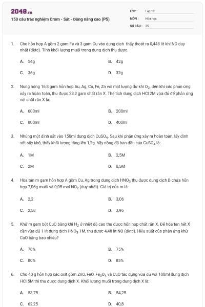 150 câu trắc nghiệm Crom - Sắt - Đồng nâng cao (P5)