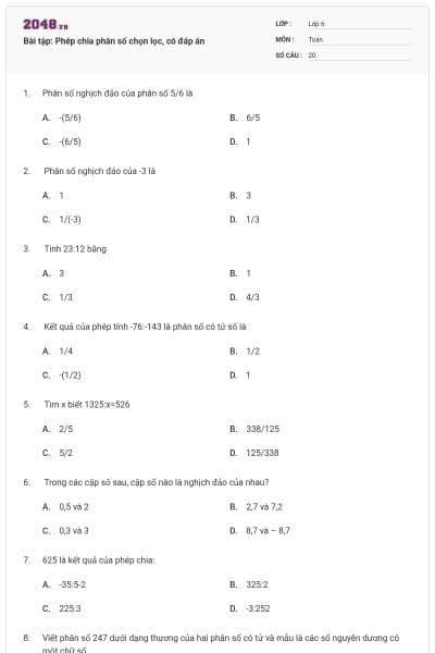 Bài tập: Phép chia phân số chọn lọc, có đáp án