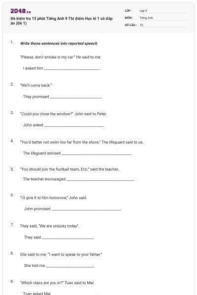 Đề kiểm tra 15 phút Tiếng Anh 9 Thí điểm Học kì 1 có đáp án (Đề 1)