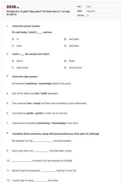 Đề kiểm tra 15 phút Tiếng Anh 9 Thí điểm Học kì 1 có đáp án (Đề 4)