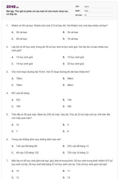 Bài tập: Tìm giá trị phân số của một số cho trước chọn lọc, có đáp án