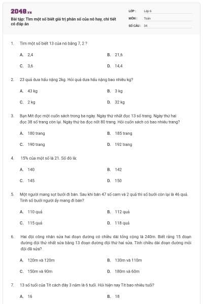 Bài tập: Tìm một số biết giá trị phân số của nó hay, chi tiết có đáp án