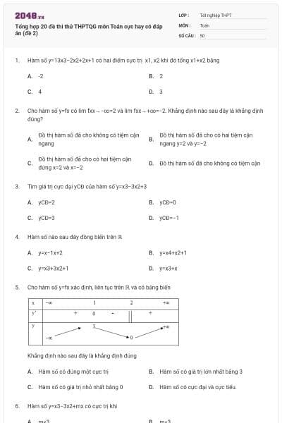 Tổng hợp 20 đề thi thử THPTQG môn Toán cực hay có đáp án (đề 2)