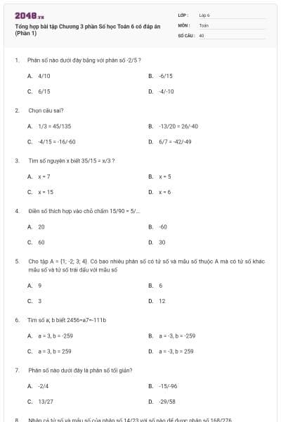 Tổng hợp bài tập Chương 3 phần Số học Toán 6 có đáp án (Phần 1)