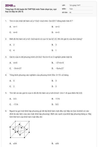 Tổng hợp 25 đề luyện thi THPTQG môn Toán chọn lọc, cực hay có đáp án (đề 4)