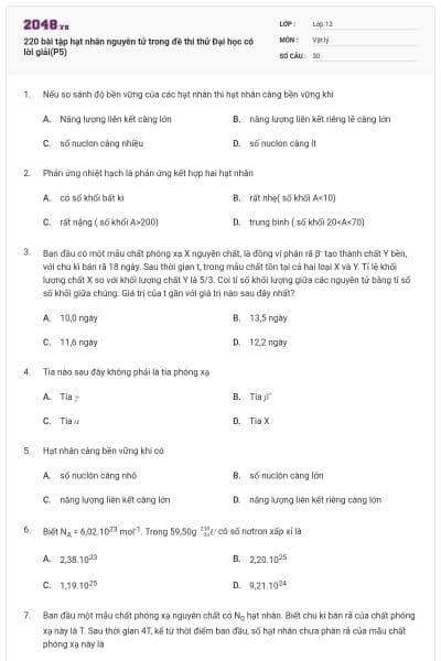 220 bài tập hạt nhân nguyên tử trong đề thi thử Đại học có lời giải(P5)
