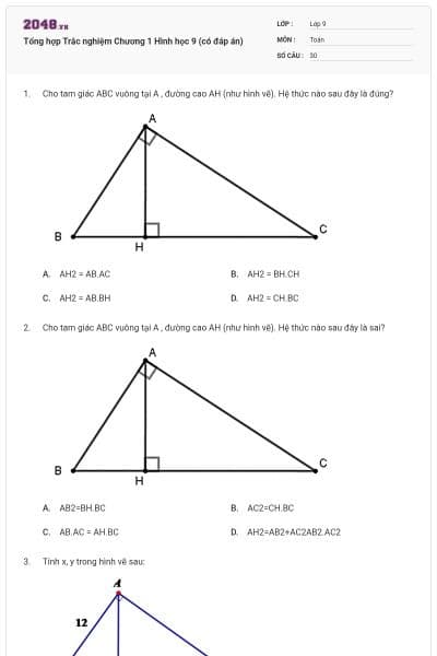 Tổng hợp Trắc nghiệm Chương 1 Hình học 9 (có đáp án)
