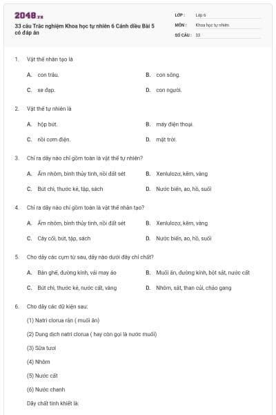 33 câu Trắc nghiệm Khoa học tự nhiên 6 Cánh diều Bài 5 có đáp án