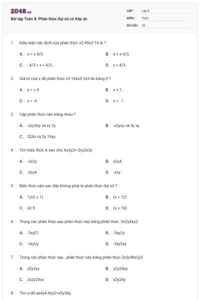 Bài tập Toán 8: Phân thức đại số có đáp án