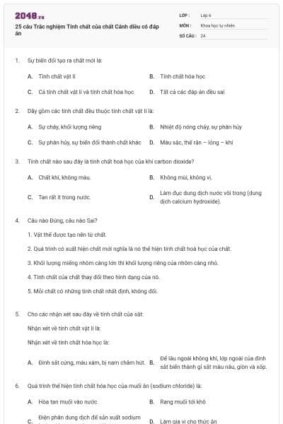 25 câu Trắc nghiệm Tính chất của chất Cánh diều có đáp án