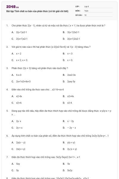 Bài tập Tính chất cơ bản của phân thức (có lời giải chi tiết)